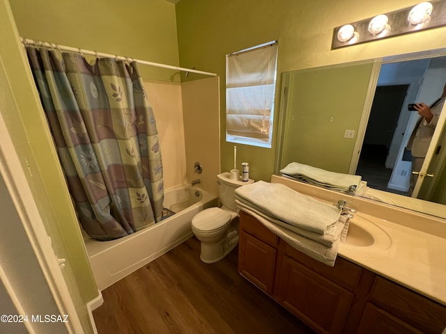 full bathroom with shower / bath combination with curtain, vanity, toilet, and wood-type flooring