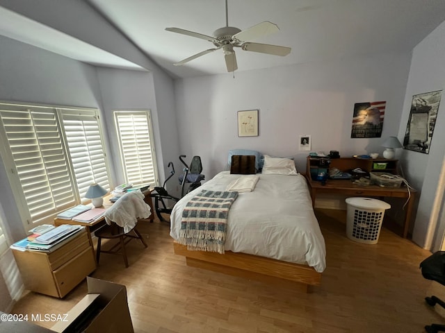 bedroom featuring light hardwood / wood-style flooring and ceiling fan