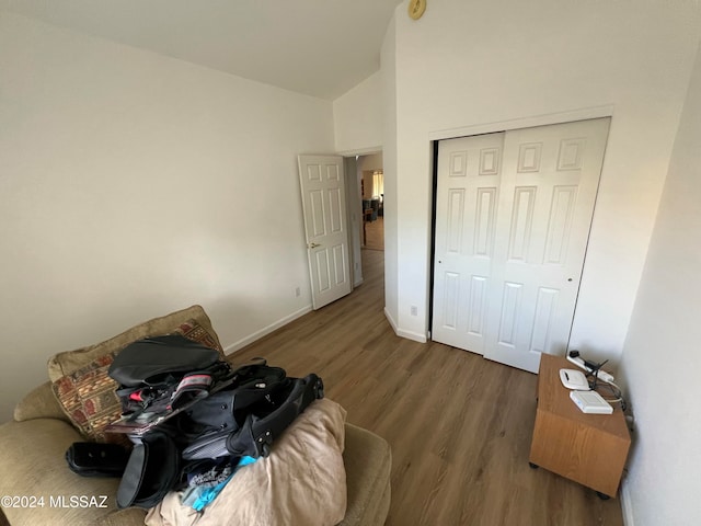 bedroom with hardwood / wood-style flooring, high vaulted ceiling, and a closet