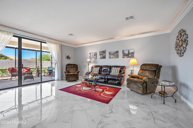 living room with crown molding