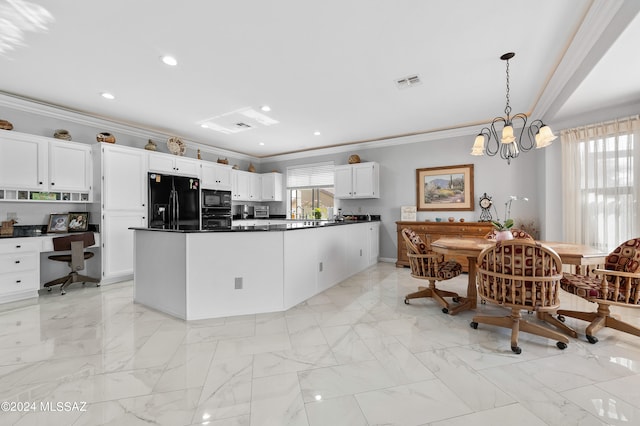 kitchen featuring ornamental molding, black appliances, decorative light fixtures, a chandelier, and white cabinetry