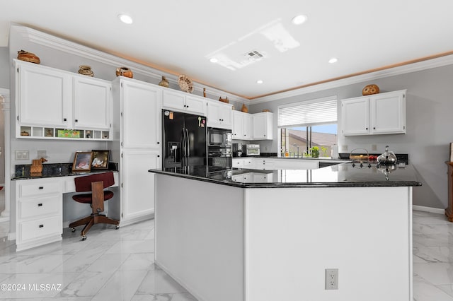 kitchen with black appliances, a center island, white cabinets, and ornamental molding