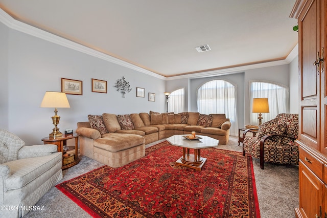 carpeted living room featuring crown molding