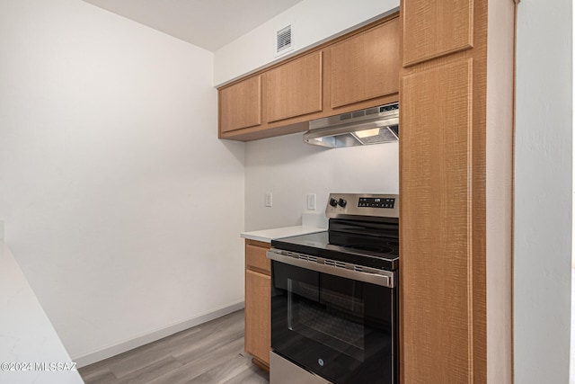 kitchen with stainless steel electric stove, range hood, and light wood-type flooring