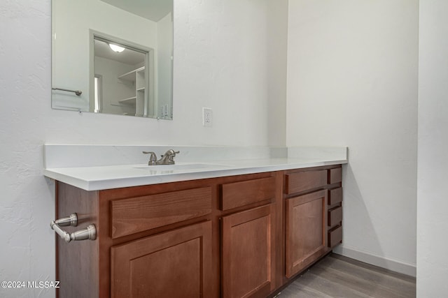 bathroom with vanity and wood-type flooring