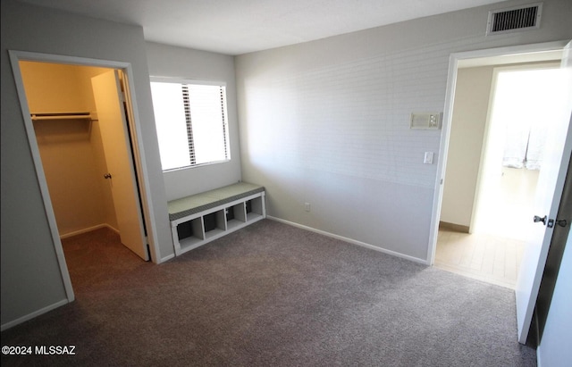 unfurnished bedroom with carpet floors, a spacious closet, and a closet