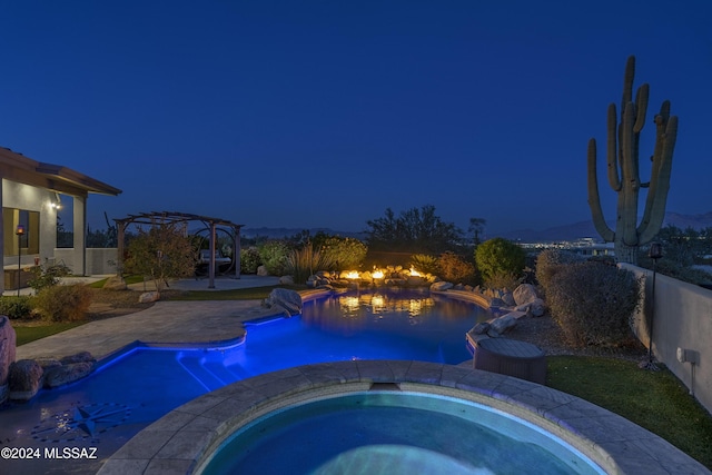 pool at twilight with a patio area, a pergola, cooling unit, an in ground hot tub, and an outdoor pool