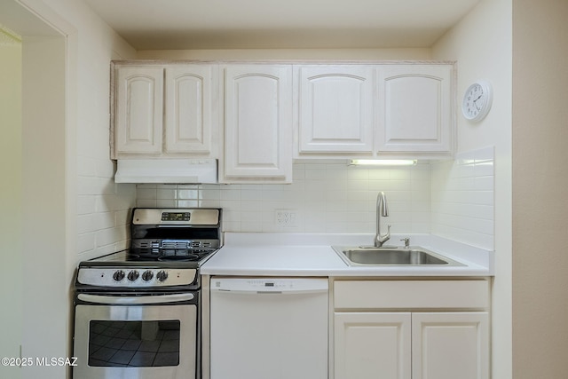 kitchen featuring a sink, stainless steel range oven, backsplash, ventilation hood, and dishwasher