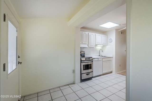 kitchen featuring stainless steel range with electric cooktop, white cabinets, light countertops, decorative backsplash, and dishwasher