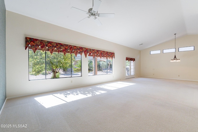 1474 N Miranda Ln, Green Valley, AZ 85614 - empty room featuring baseboards, ceiling fan with notable chandelier, carpet, and lofted ceiling