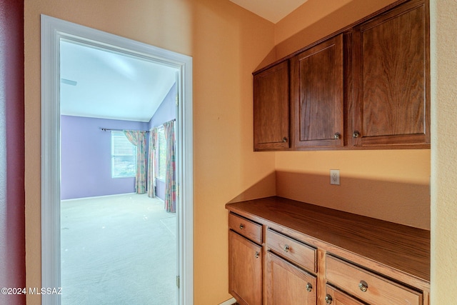 interior space with light colored carpet and lofted ceiling