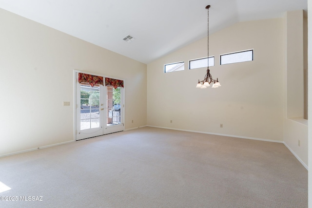 1474 N Miranda Ln, Green Valley, AZ 85614 - unfurnished room featuring an inviting chandelier, light carpet, baseboards, visible vents, and high vaulted ceiling