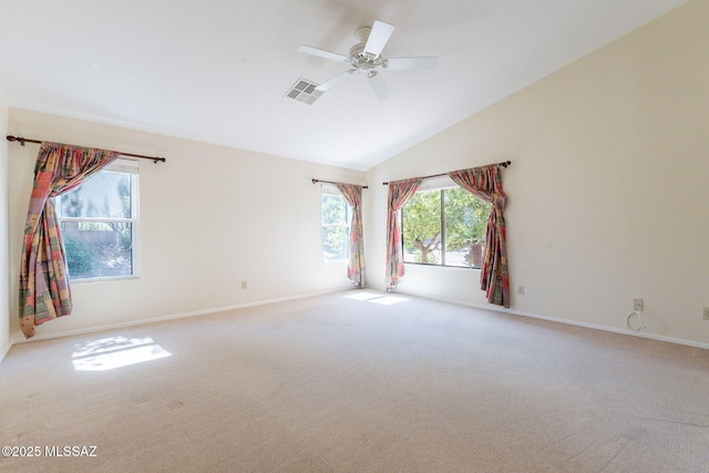 1474 N Miranda Ln, Green Valley, AZ 85614 - carpeted empty room featuring baseboards, visible vents, a ceiling fan, and high vaulted ceiling