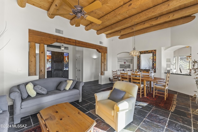 living room featuring beam ceiling, ceiling fan, and wooden ceiling