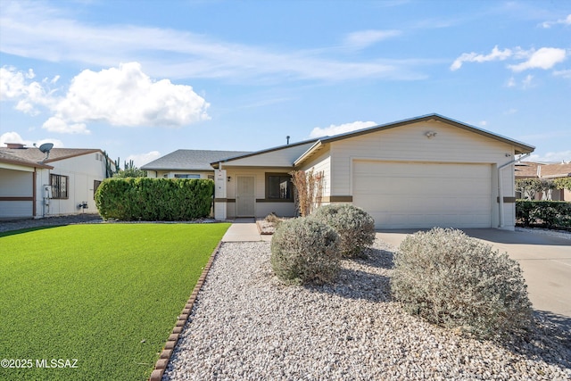 ranch-style home featuring a front yard and a garage