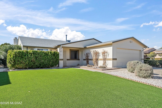 ranch-style house with a front yard and a garage