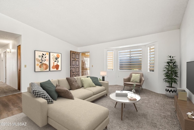 living room with hardwood / wood-style floors and lofted ceiling