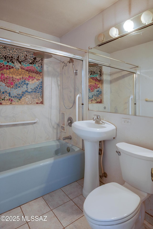 bathroom with tile patterned flooring,  shower combination, and toilet