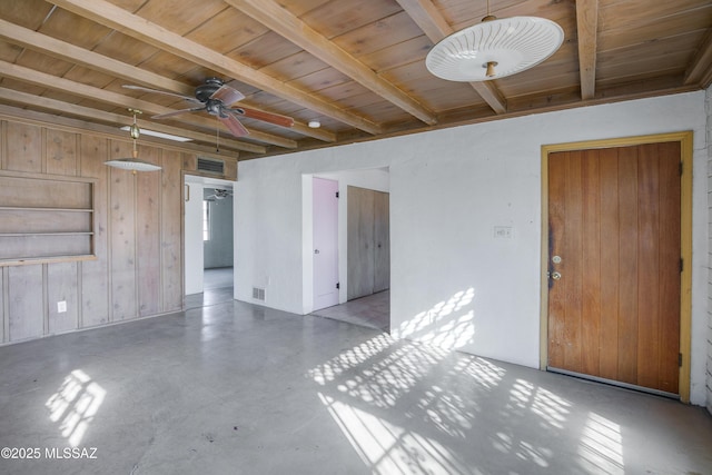 unfurnished room featuring beamed ceiling, ceiling fan, wooden ceiling, and wood walls