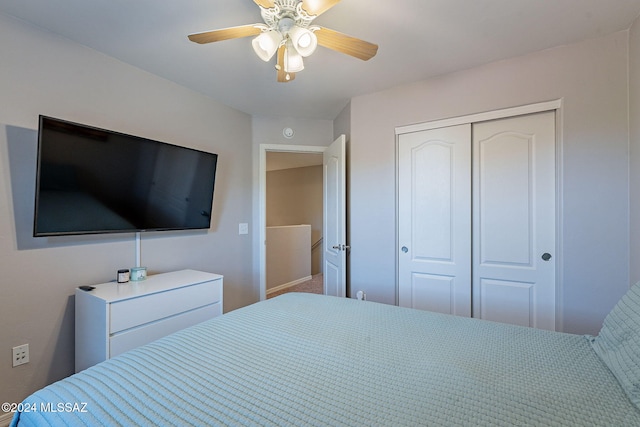 bedroom with ceiling fan and a closet