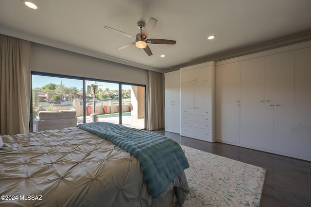 bedroom with ceiling fan, crown molding, dark hardwood / wood-style floors, and access to outside