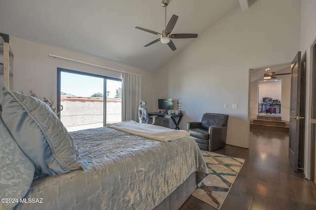 bedroom with ceiling fan, access to outside, beam ceiling, high vaulted ceiling, and dark hardwood / wood-style flooring