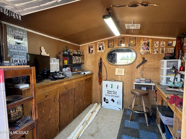 interior space with carpet flooring, a workshop area, vaulted ceiling, and wooden walls