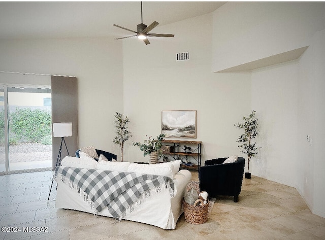 bedroom with ceiling fan, access to exterior, and high vaulted ceiling