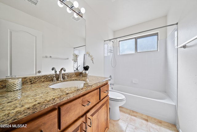 full bath featuring visible vents, toilet, vanity, and tile patterned flooring