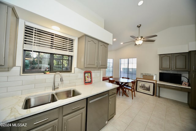 kitchen with decorative backsplash, gray cabinets, vaulted ceiling, and stainless steel dishwasher