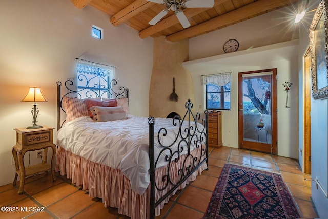 tiled bedroom featuring beamed ceiling, access to outside, and wood ceiling