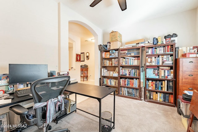 office area with ceiling fan and light colored carpet