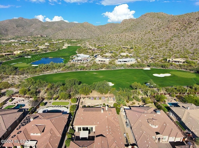 bird's eye view featuring a water and mountain view