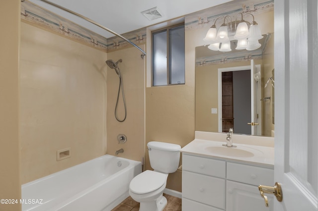 full bathroom featuring bathtub / shower combination, vanity, toilet, and tile patterned flooring