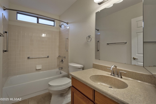 full bathroom with shower / bathtub combination, vanity, toilet, and tile patterned flooring