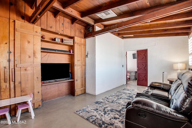 living room with lofted ceiling with beams and wood ceiling