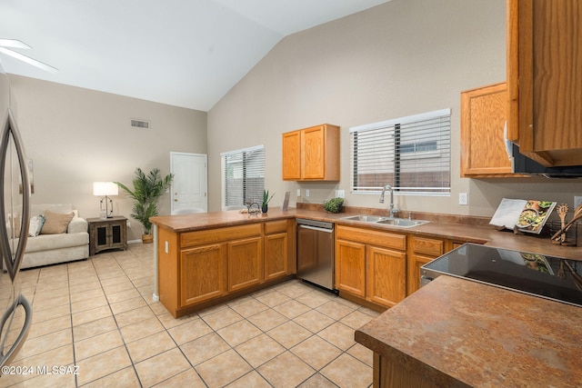 kitchen featuring sink, kitchen peninsula, stainless steel appliances, and a wealth of natural light