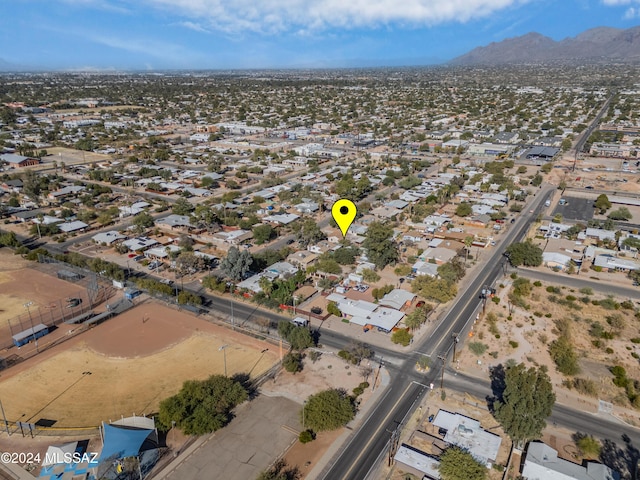 drone / aerial view featuring a mountain view