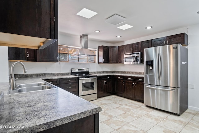 kitchen with dark brown cabinets, sink, island exhaust hood, and appliances with stainless steel finishes