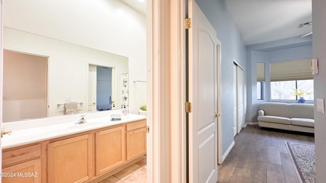 bathroom with wood-type flooring and vanity