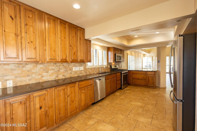 kitchen with a raised ceiling, sink, backsplash, and appliances with stainless steel finishes