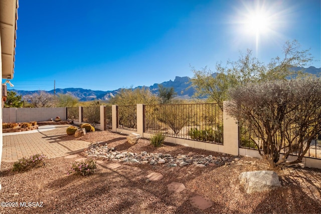 view of yard featuring a mountain view, a fenced backyard, and a patio area