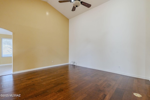 unfurnished room featuring dark hardwood / wood-style floors, ceiling fan, and lofted ceiling