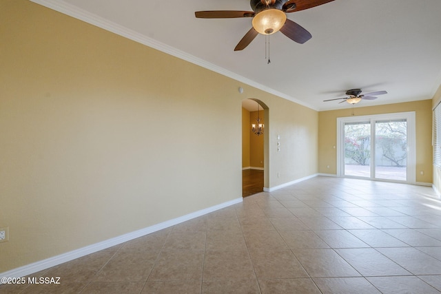 tiled empty room featuring ceiling fan with notable chandelier and ornamental molding