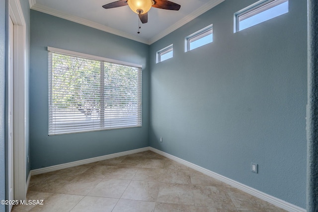 spare room featuring crown molding, ceiling fan, and light tile patterned floors