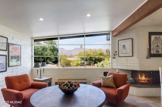 living area featuring a mountain view