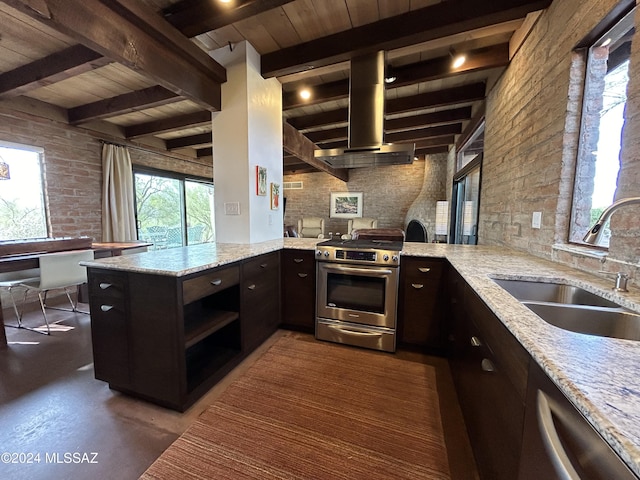 kitchen featuring beam ceiling, sink, stainless steel appliances, light stone counters, and kitchen peninsula