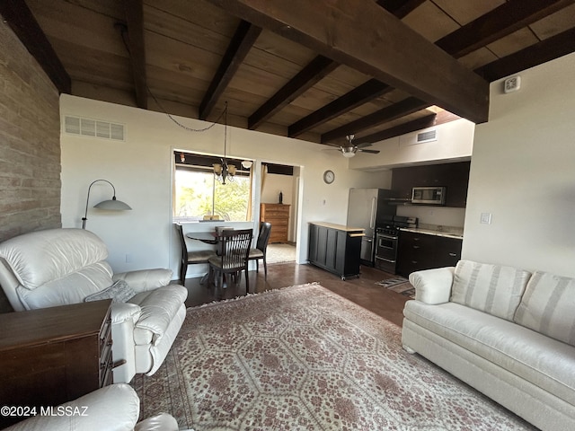 living room featuring beam ceiling, wooden ceiling, and ceiling fan with notable chandelier