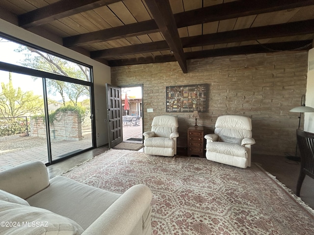 living room featuring beam ceiling and wooden ceiling