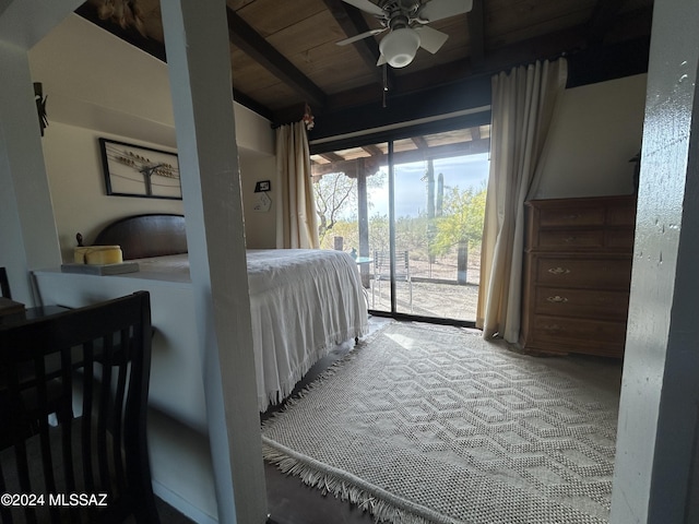 carpeted bedroom with access to exterior, ceiling fan, and wood ceiling